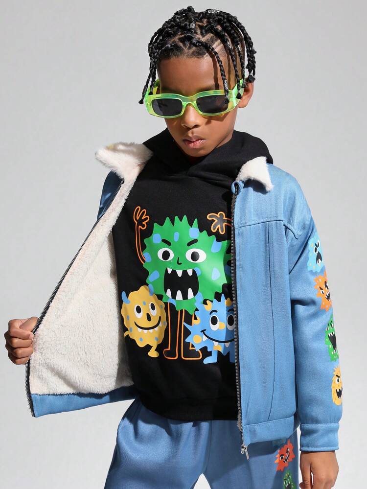 Boys' Casual Printed Collar Jacket With Warm Plush Lining And Rib Cuffs, Medium Thickness