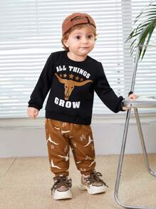 SHEIN Baby Boys' Cartoon Animal Patterned Sweater And Jogger Pants Two Piece Set With Round Neck And Regular Shoulder - Black - View 6