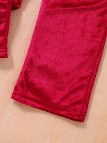 SHEIN 年轻女孩立体花朵装饰天鹅绒连体裤 - 酒紅色 - 查看 6