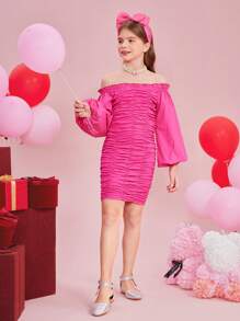 SHEIN Tween Girls' Knitted Solid Color Off Shoulder Dress With Ruched For Elegant Look