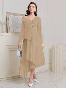 Seusyu 女士不對稱領口單色連身裙 - 摩卡棕 - 查看 6