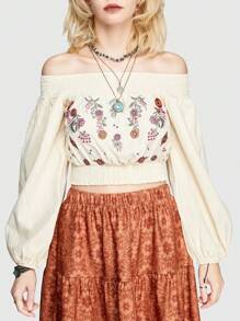 ROMWE Hippie Women's Flower Embroidery Off Shoulder Cropped Shirt - Apricot - View 2