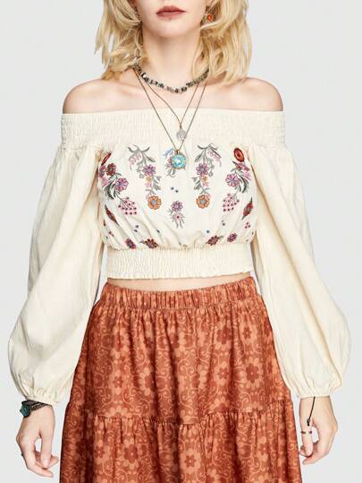 Hippie Blusa Corta Sin Hombros Con Bordado De Flores Para Mujer