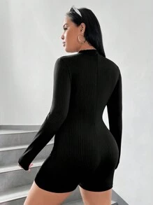 SHEIN EZwear Plus Size Black Knitted Long Sleeve Romper - Black - View 2
