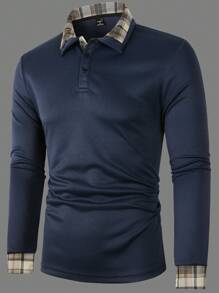 Manfinity Homme Men's Plaid Long Sleeve Polo Shirt - Royal Blue - View 4