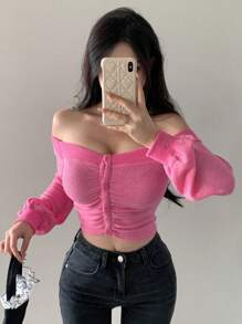 Dazy Designer Của phụ nữ Off Shoulder Tay áo dài Áo thun - Hồng - Xem 6