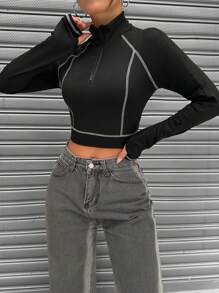 SHEIN Unity 縫合細節拉鍊半拉基底短袖t恤