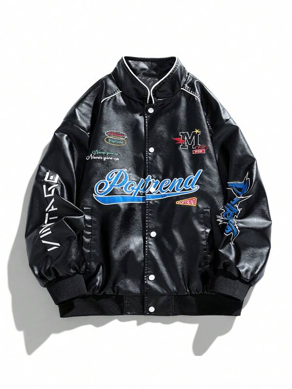 Men's Black Pu Leather Jacket With Letter Print