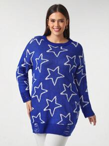 SHEIN Unity Plus Size Star Pattern Sweater - Blue and White - View 1