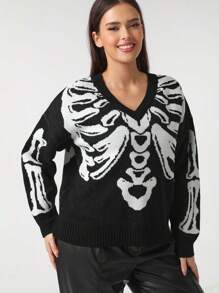 SHEIN Unity Suéter De Talla Grande De Esqueleto Impreso, Holgado, Con Cuello En V Y Hombros Caídos - Blanco y Negro - Ver 5