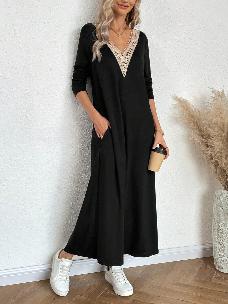 SHEIN LUNE 拼接蕾絲v領長袖洋裝 - 黑色 - 查看 1