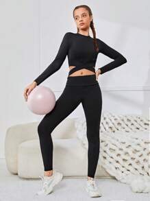 SHEIN 少女純色針織十字腰運動上衣 - 黑色 - 查看 5