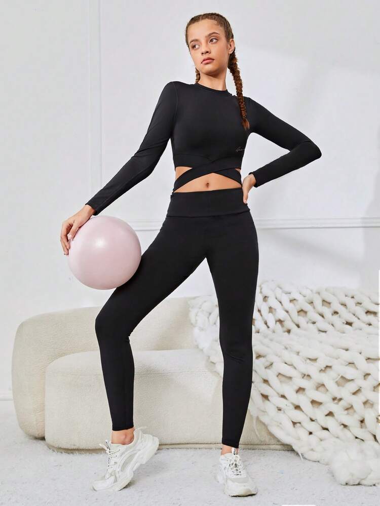 Teen Girls' Knit Solid Color Criss-cross Waist Athletic Top