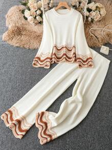 Calvaya 加大尺碼條紋喇叭袖毛衣套裝 - 彩色 - 查看 1