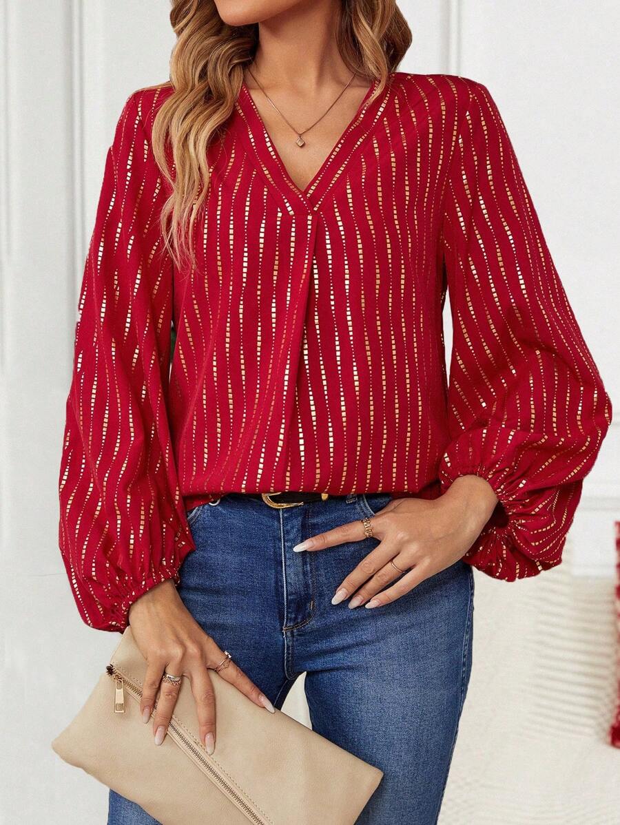 SHEIN Clasi Allover Print Lantern Sleeve Blouse - Burgundy - View 1