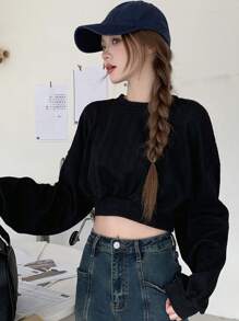 DAZY Màu thuần Vòng cổ Thả vai Giải trí Áo nỉ - màu đen - Xem 1