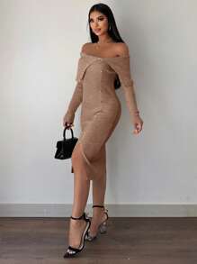 EURMUSE 女士雪紡修身無領毛衣連衣裙 - 駝色 - 查看 3