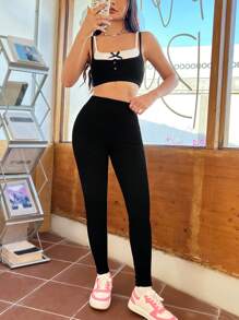 SHEIN EZwear 2 In 1 Women's Shortened Strap Top And Leggings Set - Black and White - View 1