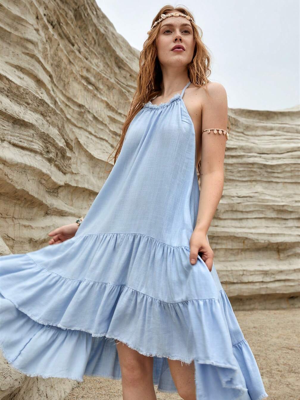 ruffle trim backless asymmetrical hem dress Women's Solid Color Asymmetrical Ruffle Trim Backless Halter Neck Dress ｜EMMACLOTH