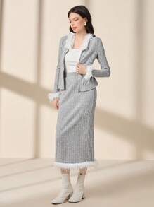 Modelyn Conjunto De Falda Y Top De Punto Con Cremallera De Canalé De Fuzzy Decor - Gris - Ver 4