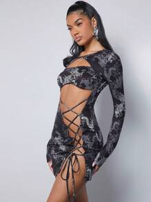 SHEIN Unity Dragon Print Cut Out Lace Up Dress - Multicolor - View 6