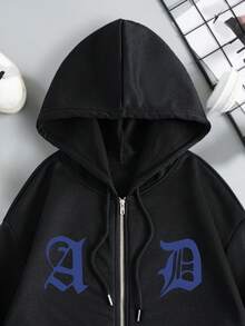 SHEIN EZwear Text Pattern Zipper Hoodie - Black - View 3