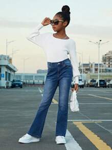 SHEIN 女童休閒水洗牛仔喇叭牛仔褲,tween - 藍色 - 查看 5