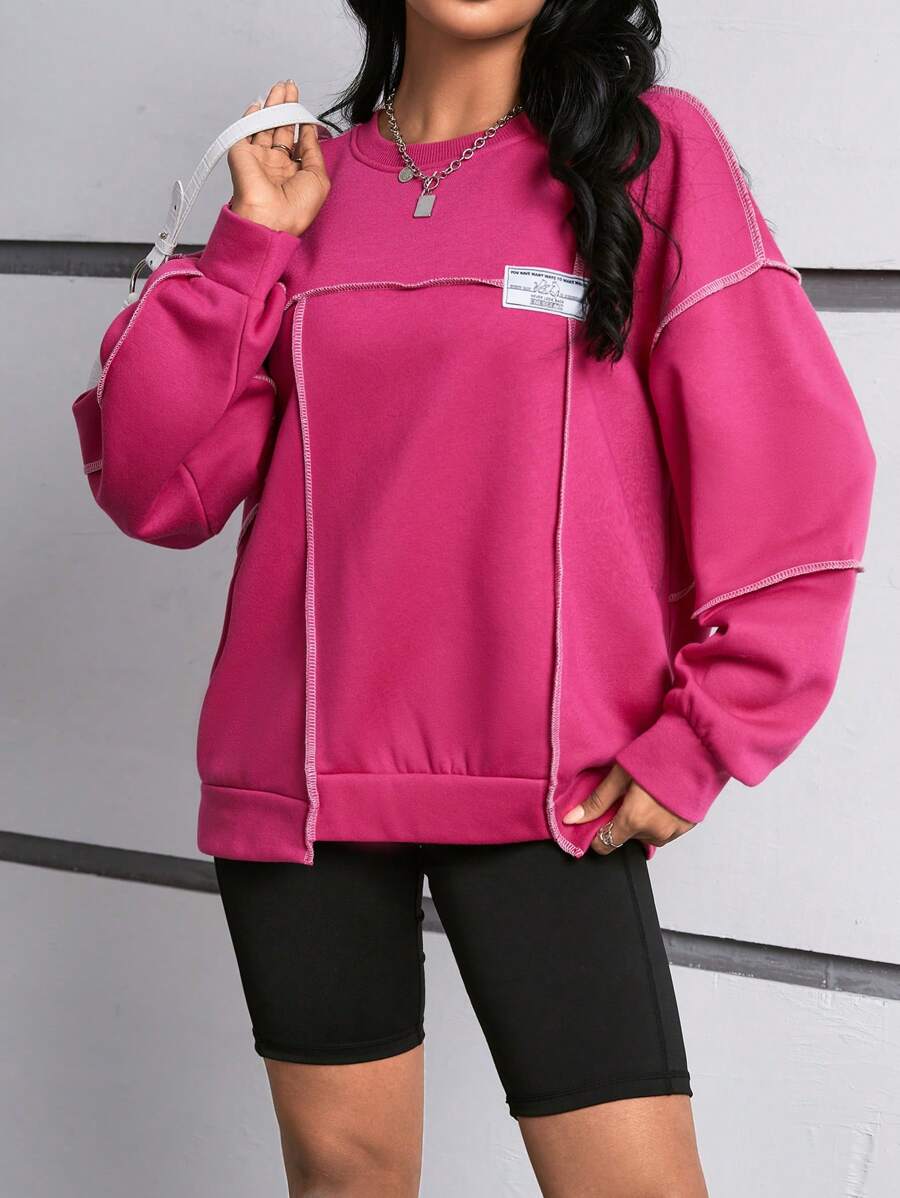 SHEIN EZwear Áo nỉ lót nhiệt dáng rộng dành cho nữ có chi tiết vá, vai trễ và đường may hở - Màu Hồng Tươi - Xem 1