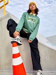 Streetz SHEIN Sport Text Pattern Casual Sweatshirt - Army Green - View 8