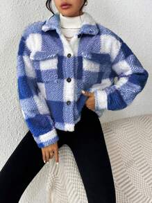 SHEIN Essnce Plush Color-blocked Jacket - Royal Blue - View 5