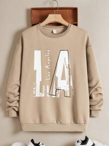 SHEIN Áo thun cổ tròn in chữ thường ngày cho các chàng trai tuổi teen - Màu Khaki - Xem 1