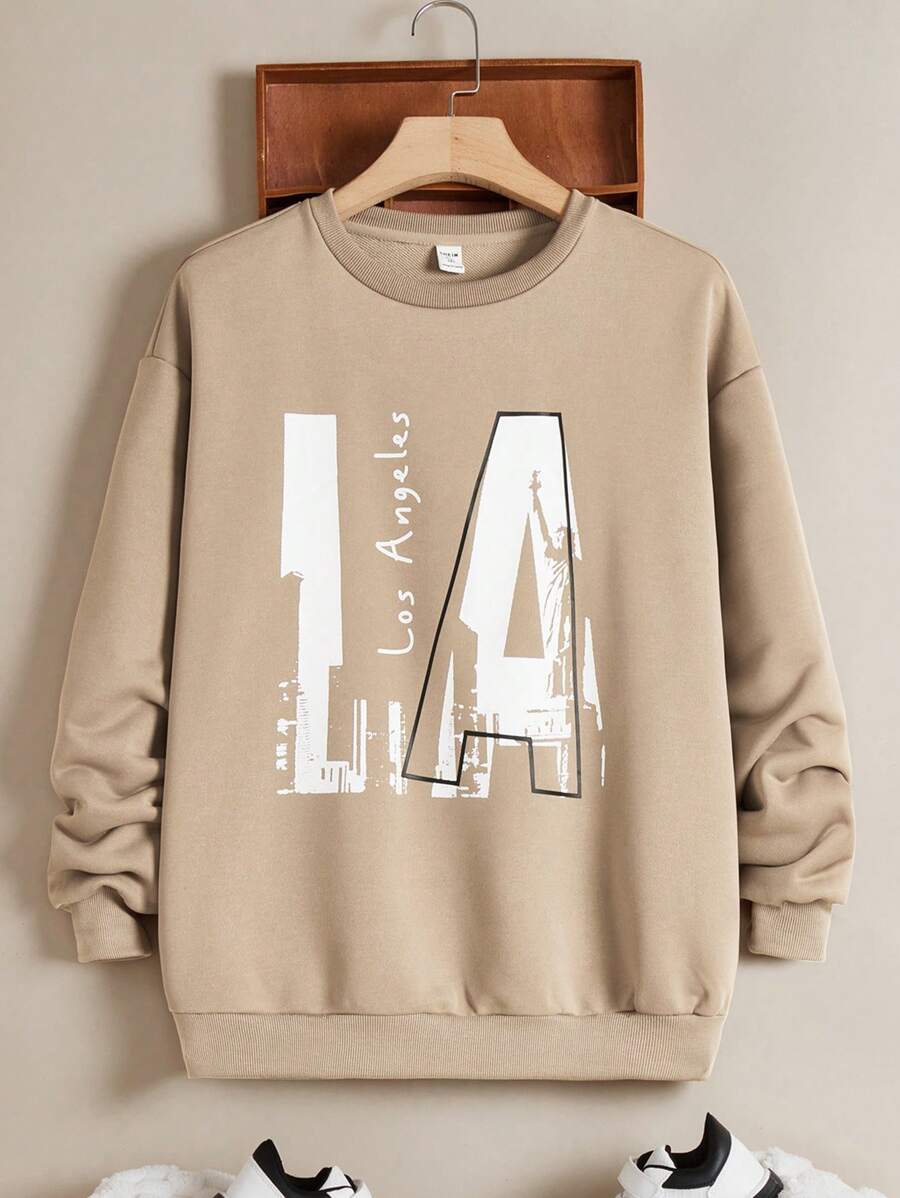 SHEIN Áo thun cổ tròn in chữ thường ngày cho các chàng trai tuổi teen - Màu Khaki - Xem 1