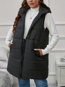 SHEIN LUNE Plus Slant Pockets Hooded Vest Padded Coat - Black - View 5