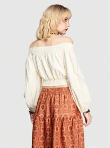 ROMWE Hippie Women's Flower Embroidery Off Shoulder Cropped Shirt - Apricot - View 4