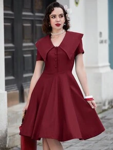 MUXXN Vintage 1950's Button Down Wrap V Neck Midi Casual Cocktail Prom Party Swing Dresses - Maroon - View 7