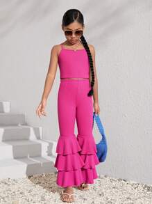 SHEIN Leap Crew Girls Solid Cami Top & Flare Leg Trousers - Hot Pink - View 4