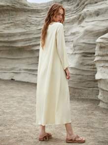 Bohemela 女用寬鬆休閒缺口領流蘇飾邊刺繡梭織洋裝 - 白色 - 查看 2