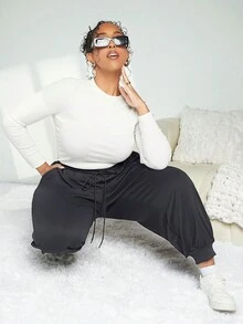 SHEIN CURVE+ 大碼束口腰側口袋束腳運動褲 - 深灰色 - 查看 3