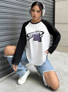 SHEIN Unity 女款字母印花撞色插肩袖 T 卹 - 白色 - 查看 1