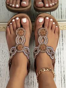 Yasirun大尺寸中空跨境扁鑽石涼鞋波西米亞風格舒適女鞋夏季 - 巧克力棕 - 查看 4