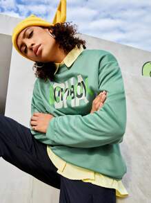 Streetz SHEIN Sport Text Pattern Casual Sweatshirt - Army Green - View 7