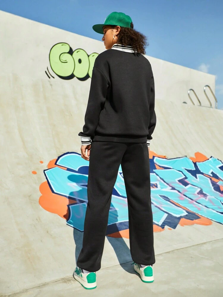 Women's Stripe Collar Long Sleeve Sweatshirt & Sweatpants Sports Tracksuit