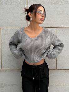 SHEIN Unity 女裝休閒純色垂墜肩毛衣 - 灰色 - 查看 5
