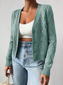 EURMUSE Floral Embroidery Pointelle Knit Cardigan - Mint Green - View 4