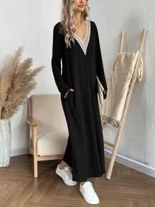 SHEIN LUNE 拼接蕾絲v領長袖洋裝 - 黑色 - 查看 3