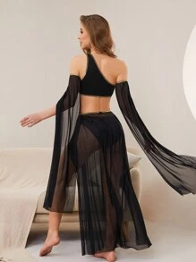 Color Block & Glitter Tape Design High-Slit Mesh Performance Costume Set  Cozy And Elegant Details - Black - View 2