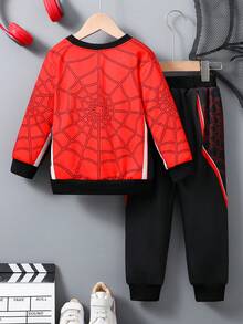 幼童男孩蜘蛛圖案印花運動衫和褲子套裝 - 紅色 - 查看 2