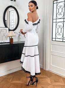 SHEIN Privé Color Block & Lace Decorated Asymmetrical Hem Oblique Shoulder Dress - Black and White - View 2
