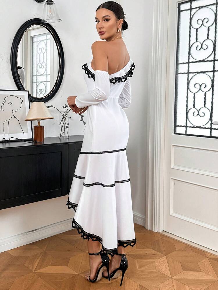Color Block & Lace Decorated Asymmetrical Hem Oblique Shoulder Dress