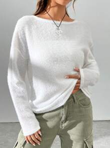 SHEIN EZwear Women's Solid Color Drop Shoulder T-shirt - White - View 6